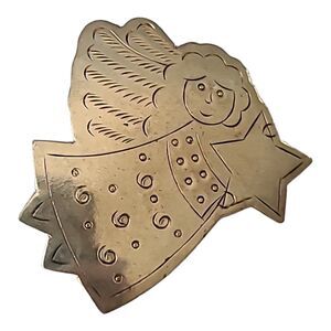 Silver Tone Etched Angel Holding Star Metal Christmas Brooch Pin 2"‎